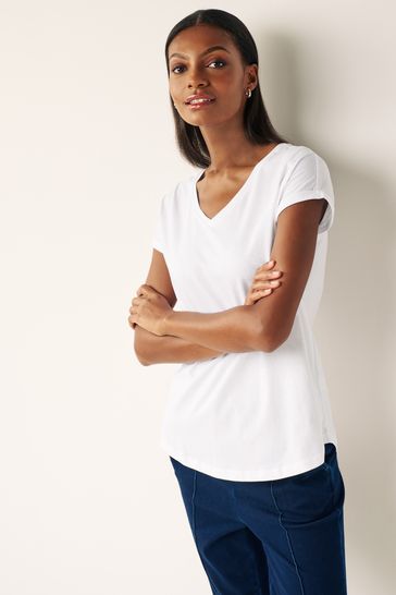 White V-Neck Cotton Rich Cap Sleeve T-Shirt