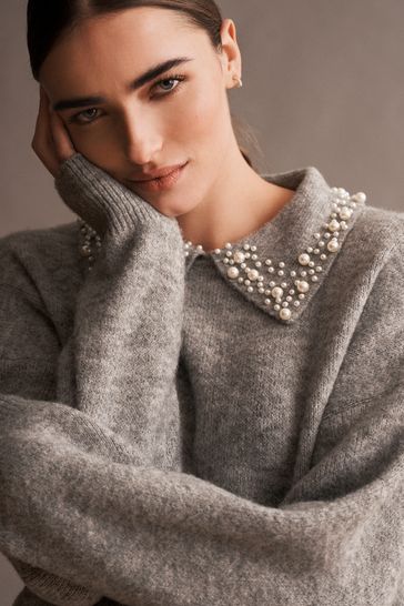 Grey jumper with pearls hot sale
