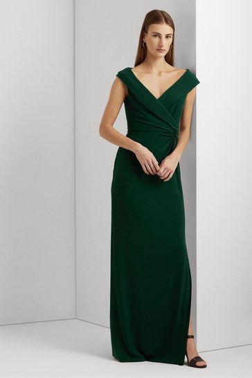 Lauren Ralph Lauren Green Jersey Off the Shoulder Gown