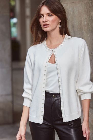 Sosandar White Pearl Embellished Trim Cardigan