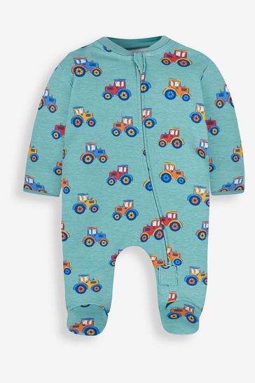 JoJo Maman Bébé Teal Tractor Print Zip Cotton Baby Sleepsuit