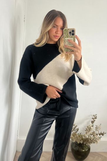 Style Cheat Black Brushed Wool Colour Block Jumper