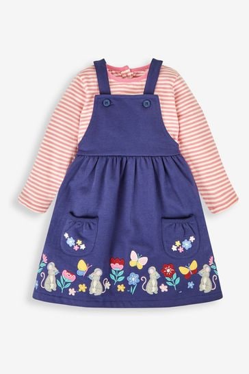 JoJo Maman Bébé Navy Blue Hedgerow Friends Girls' 2-Piece Appliqué Pinafore Dress & Top Set