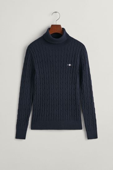GANT Evening Blue Stretch Cotton Cable Turtleneck Sweater