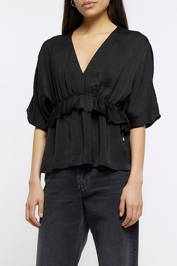 Buy River Island Black Ruffle Tea Blouse from Next Luxembourg