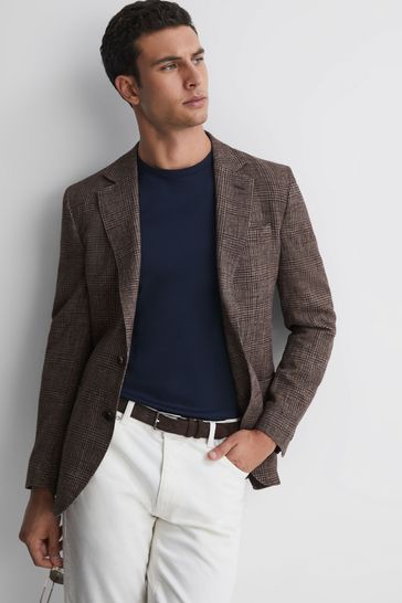 Reiss Brown Sandown Modern Fit Single Breasted Check Blazer