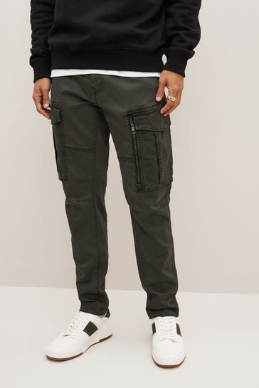 Buy Dark Khaki Green Slim Fit Zip Detail Stretch Cargo Trousers from Next Ireland