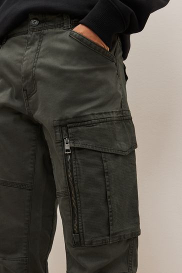 Buy Dark Khaki Green Slim Fit Zip Detail Stretch Cargo
