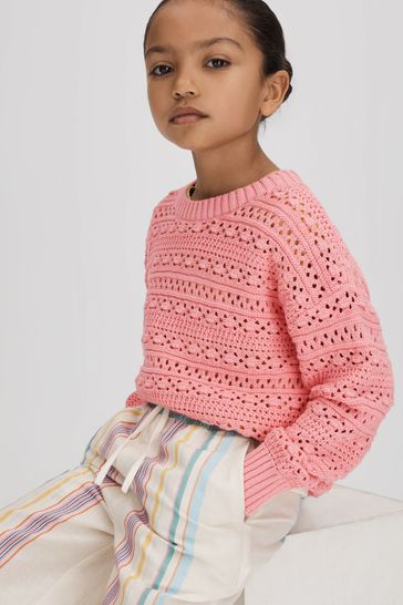 Reiss Pink Isobel Senior Crochet Crew Neck Jumper