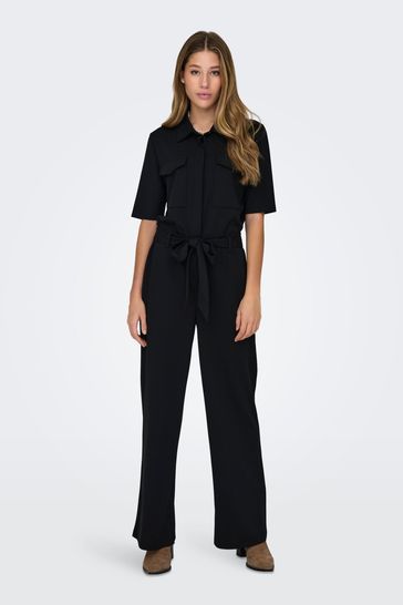 JDY Black Utility Button Up Short Sleeve Jumpsuit