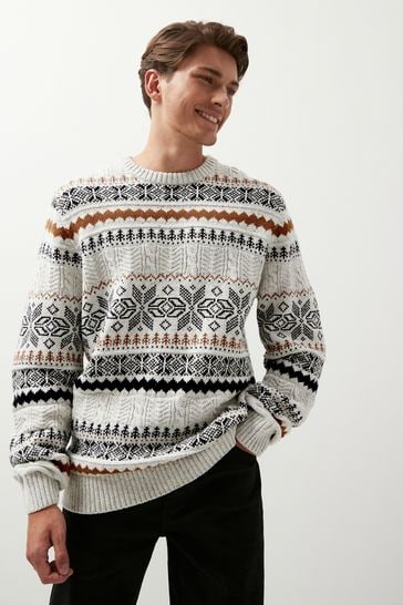 Buy Ecru Snowflake Crew Neck Regular Knitted Christmas Jumper from Next Luxembourg