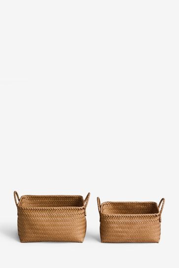 Natural Plastic Wicker Set of 2 Storage Basket