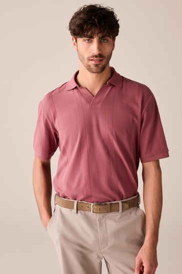 Red Cuban Collar Textured Short Sleeve Polo Shirt