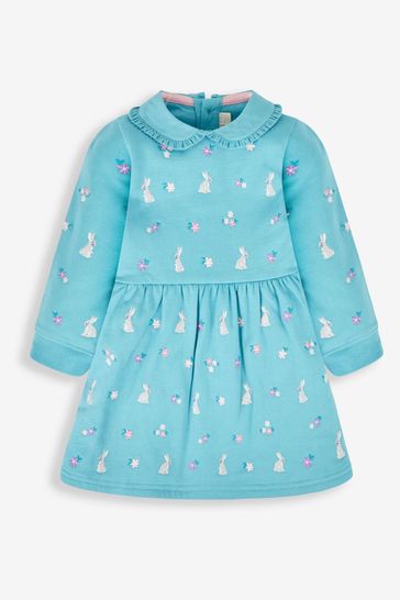 JoJo Maman Bébé Duck Egg Blue Bunny Embroidered Sweat Dress With Collar