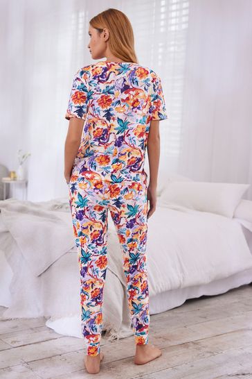 Blue Orange Floral Short Sleeve Cotton Pyjamas