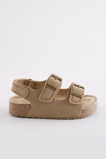Stone Beige Double Buckle Cushioned Footbed Sandals