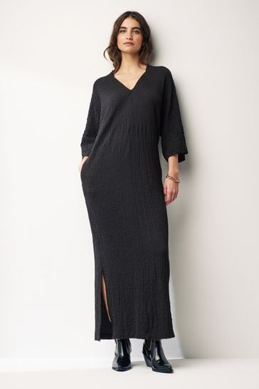 Black V-Neck Textured Midi Dress