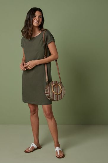 Buy Khaki Green 100% Cotton Relaxed Capped Sleeve Tunic Dress from