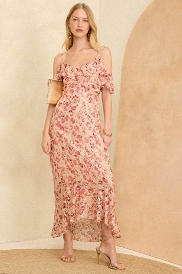 Love & Roses Pink Petite Printed Cold Shoulder Midaxi Dress