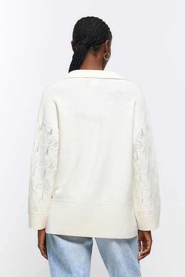 Buy River Island Cream Pearl Crochet Polo Jumper from Next Luxembourg