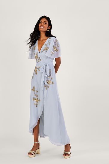Monsoon Blue Sarah Sustainable Embroidered Wrap Dress