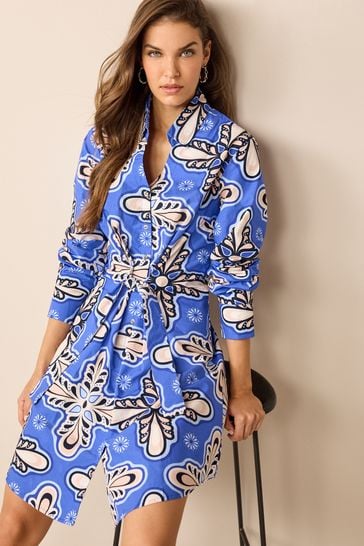 Blue Floral 100% Cotton Poplin Mini Shirt Dress