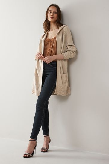 Oatmeal Brown Cosy Longline Ribbed Hooded Cardigan