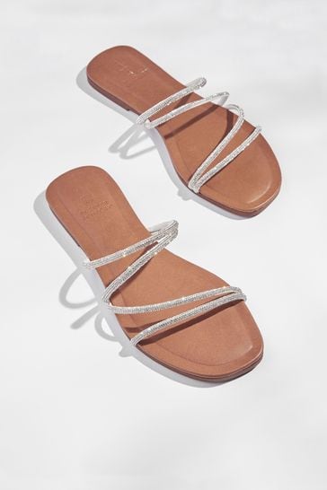 Silver Forever Comfort® Embellished Glittery Asymmetrical Strappy Mule Sandals