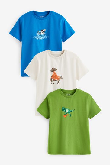 Blue/Cream/Green Multi Graphic T-Shirts 3 Pack (3-16yrs)