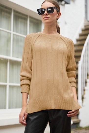 Camel Brown Ribbed Crew Neck Jumper