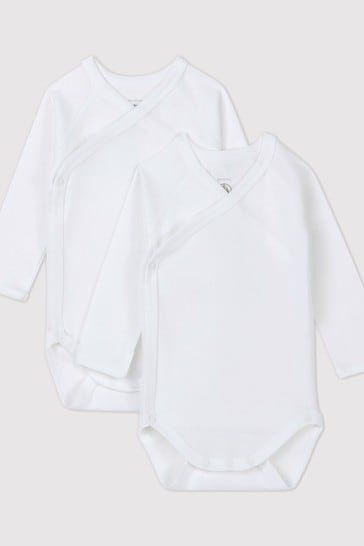 Petit Bateau White Iconic Rib Long Sleeve Bodysuits Two Pack