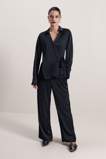 Black satin long sleeve shirt best sale