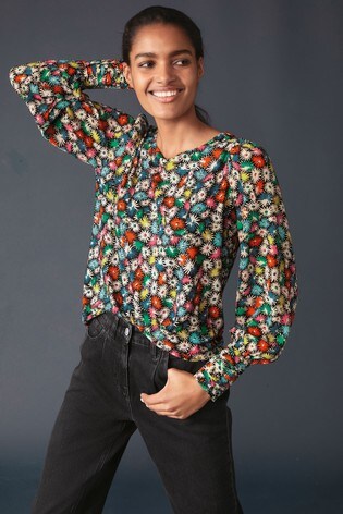 Multi Ditsy Cuff Detail Blouse