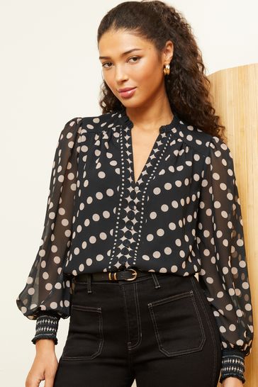 Love & Roses Black and White Polka Dot Notch Neck Printed Blouse