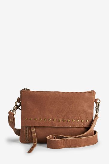Tan Brown Leather Studded Flap Across-Body Bag