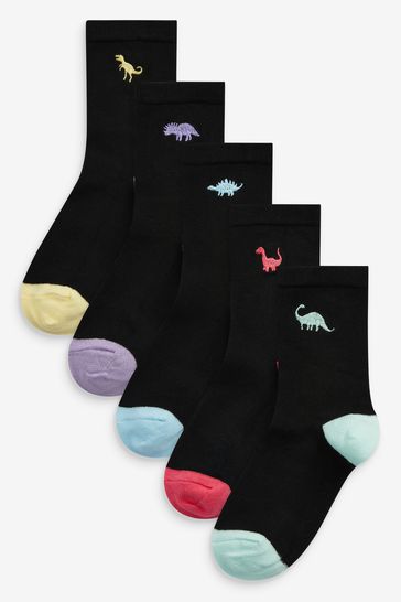 Black Dinosaur Embroidered 5 Pack Soft Handfeel Ankle Socks With Coloured Heel And Toe