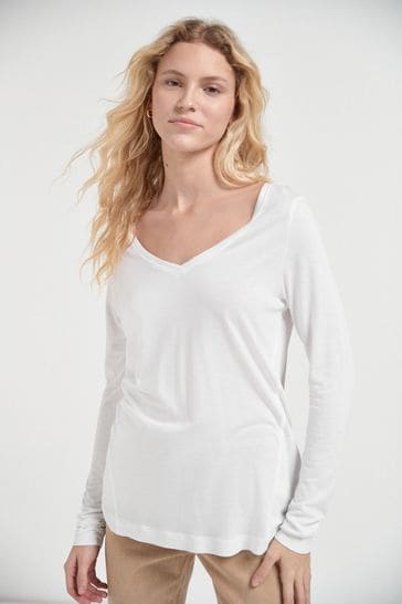 White Slouch V-Neck Long Sleeve T-Shirt
