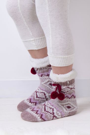 Totes Berry Fairisle Ladies Fair Isle Chenille Slipper Socks