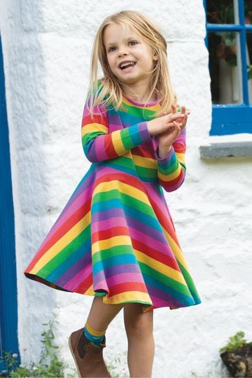 Frugi Pink Organic Cotton Rainbow Full Skirt Skater Dress