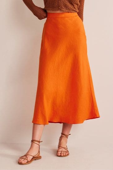 Boden Orange Bias Linen Midi Skirt
