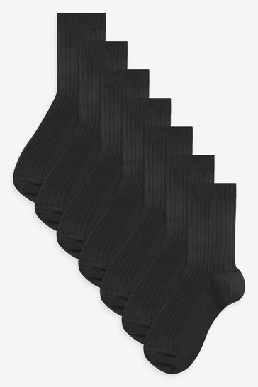 Black 7 Pack Ribbed Cotton Rich Socks
