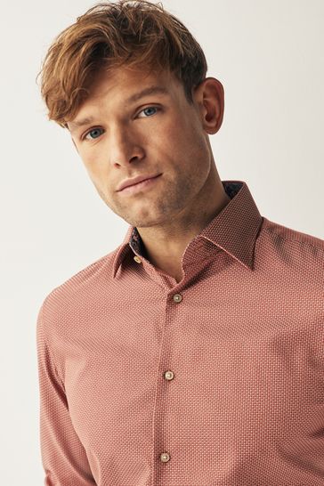 Red Geometric Slim Fit Single Cuff Cotton Textured Trimmed Single Cuff Shirt