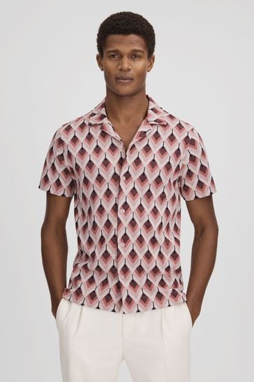 Reiss Pink Multi Beech Cotton Blend Jacquard Cuban Collar Shirt