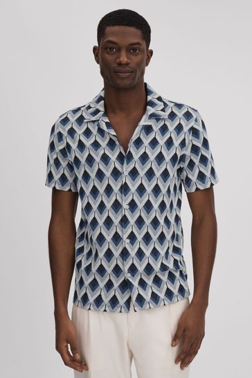 Reiss Navy Multi Beech Cotton Blend Jacquard Cuban Collar Shirt