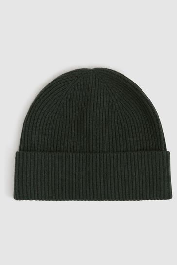 Reiss Forest Green Chaise Merino Wool Ribbed Beanie Hat