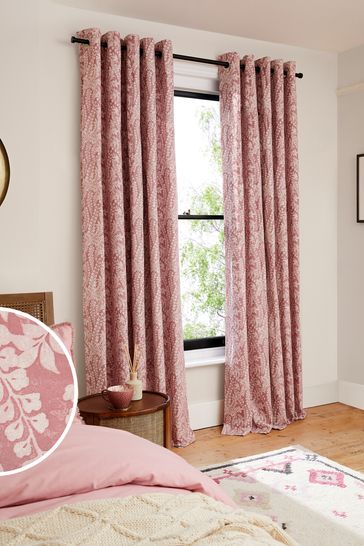 Pink Woodblock Floral Eyelet Lined Curtains