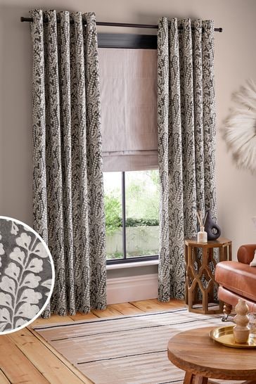 Monochrome Woodblock Floral Eyelet Lined Curtains