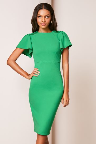 Lipsy Green Short Flutter Sleeve Midi Bodycon Dress