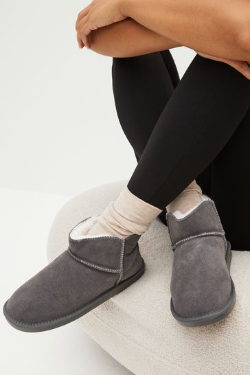 Grey Faux Fur Lined Suede Slipper Boots