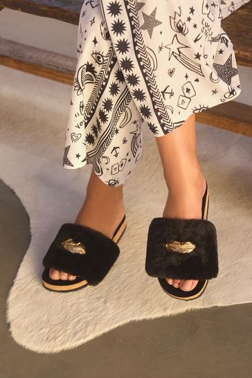 Buy Rockett St George Black Lips Print Faux Fur Plush Clog Sliders from Next Canada